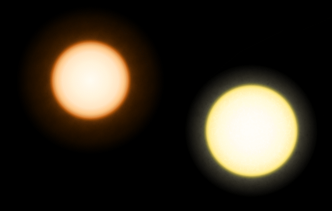 Сравнение размеров звезды Эпсилон Эридана (слева) и Солнца